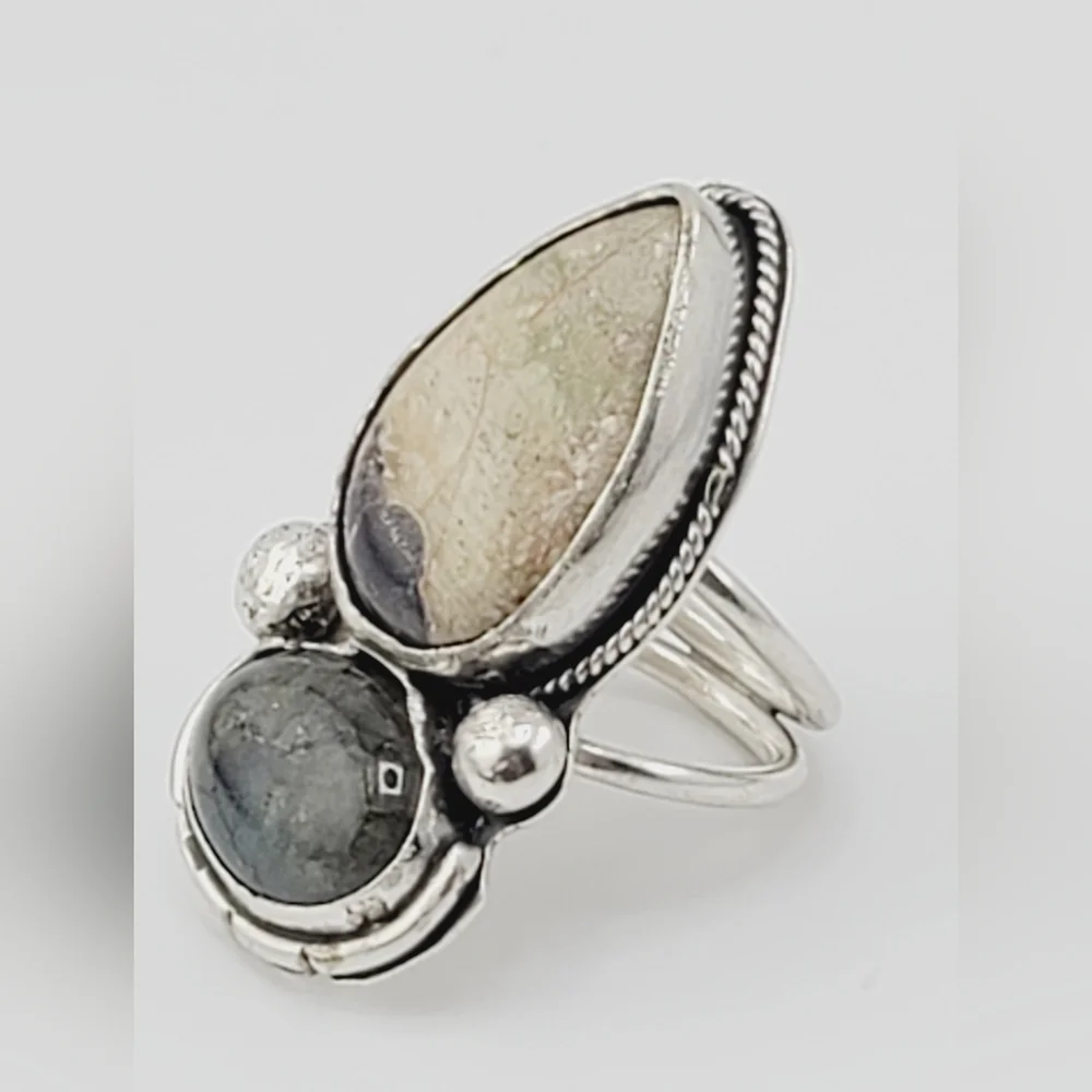 JASPER & LABRADORITE STATEMENT RING HANDMADE IN STERLING SILVER METAL SIZE 8.5